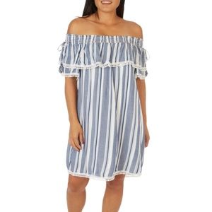 Luxology Dress Striped Off the Shoulder Short Sleeves Ruffle Coastal Nau…